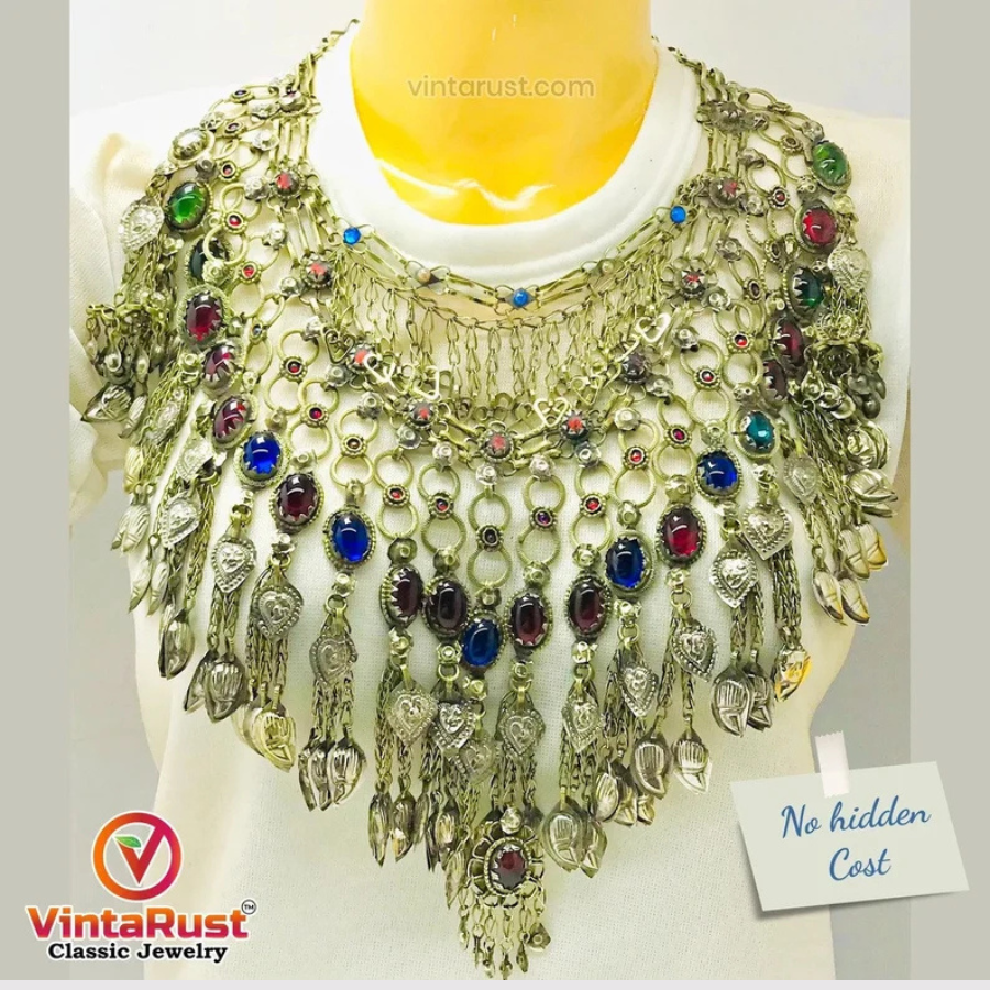 Vintage Afghan Bib Necklace: Oversized Tribal Jewelry