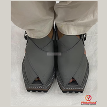 Load image into Gallery viewer, Classic Grey Leather Peshawari Chappal: Traditional &amp; Trendy Footwear Gift
