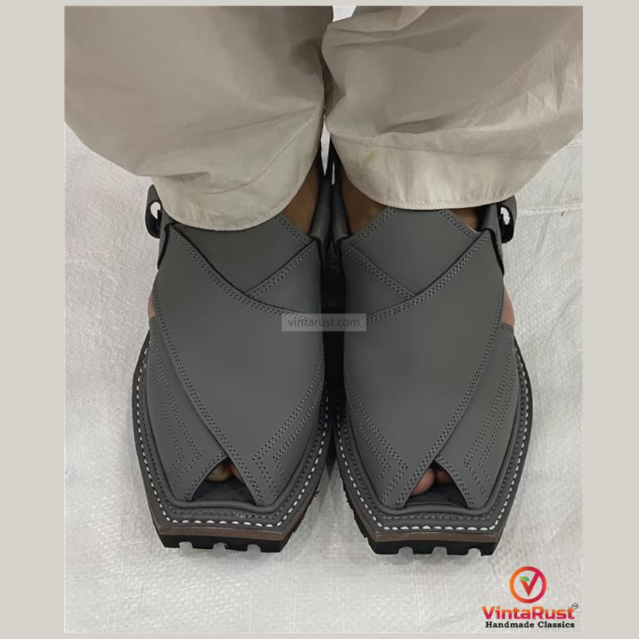 Classic Grey Leather Peshawari Chappal: Traditional & Trendy Footwear Gift