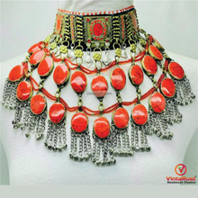 Load image into Gallery viewer, Bohemian Red Coral Stone Kuchi Necklace: Tribal Gypsy Belly Dance Choker
