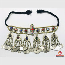 Load image into Gallery viewer, Vintage Dangling Coins Necklace With Green and Red Glass Stones

