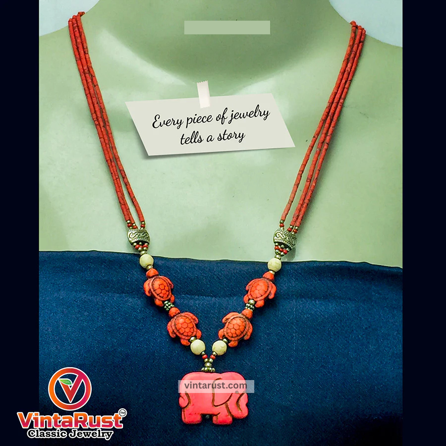 Beaded Multilayer Necklace with Elephant Shape Pendant