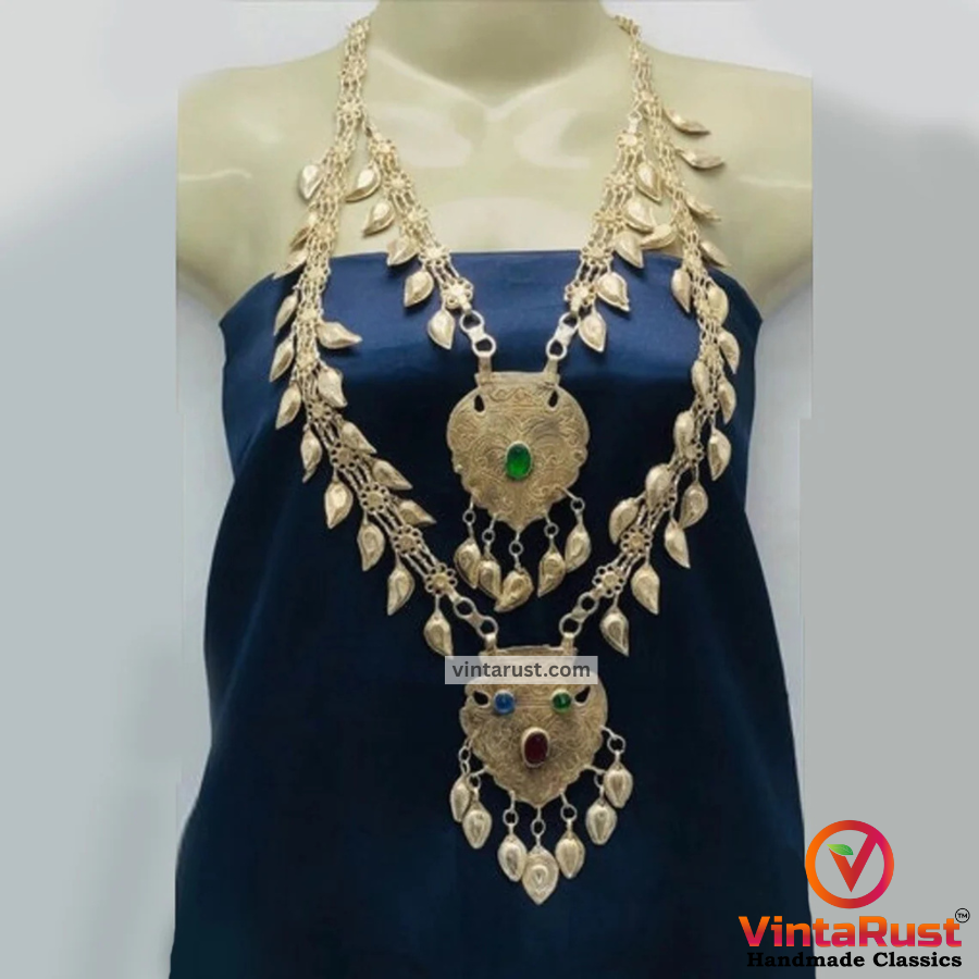Vintage Bib Necklace With Two Layers Pendants and Leaf Style Tassels