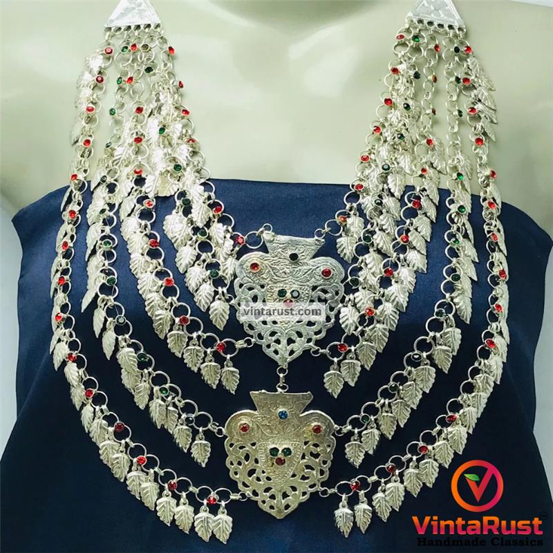 Vintage Multilayers Bib Necklace With Red and Green Jewels