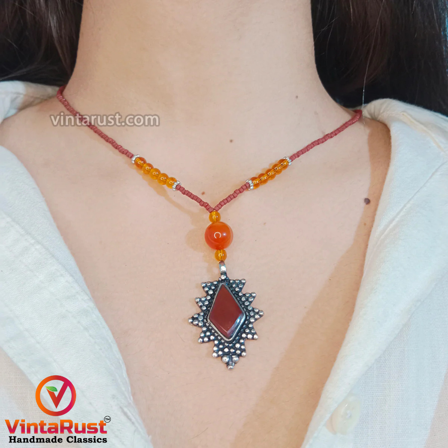 Ethnic Beaded Chain Pendant Necklace