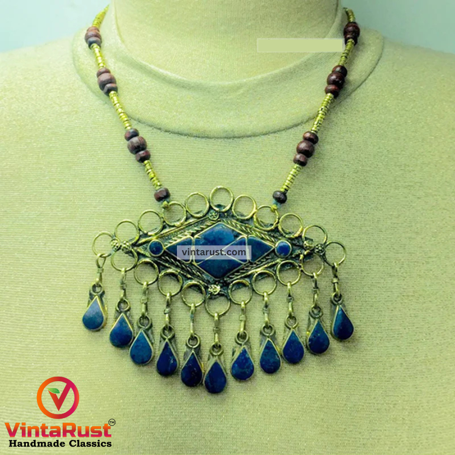 Lapis Lazuli Pendant Necklace With Beaded Chain