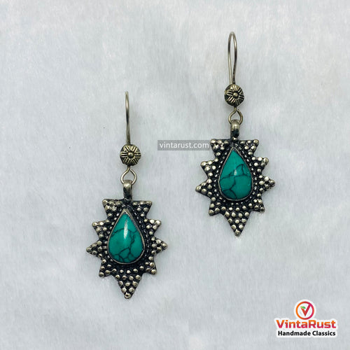 Western Turquoise Silver Teardrop Statement Earrings