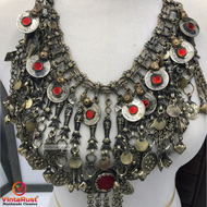 Oversized Bib Necklace With Glass Stones and Dangling Tassels