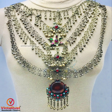 Load image into Gallery viewer, Massive Silver Kuchi Bib Necklace With Dangling Bells and Glass Stones
