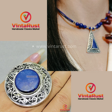 Load image into Gallery viewer, Lapis Beaded Chain Necklace Silver Triangle Pendant with Gemstone Ring
