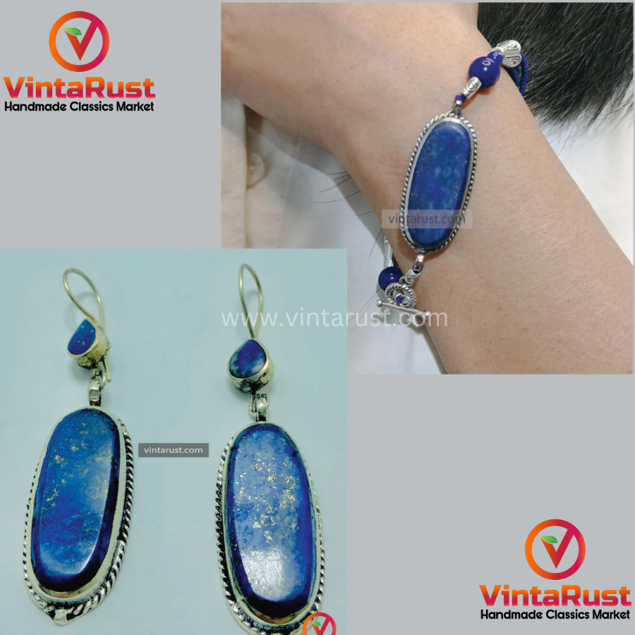 Lapis Lazuli Long Dangle Earrings with Gemstone Bracelet