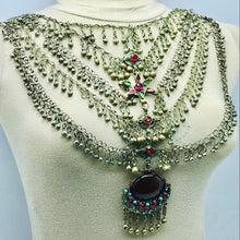 Load image into Gallery viewer, Massive Silver Kuchi Bib Necklace With Dangling Bells and Glass Stones
