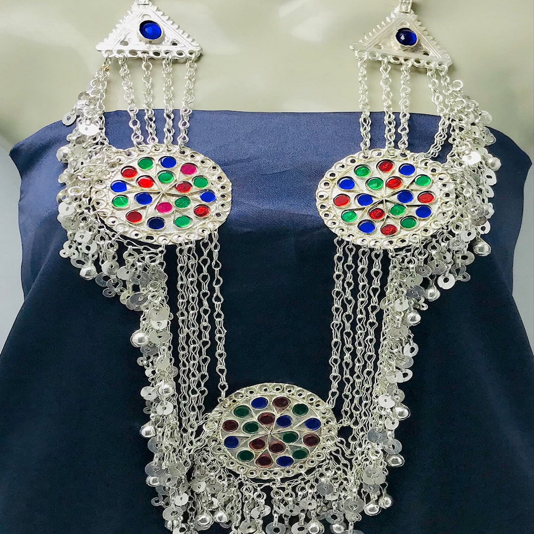 Multilayers Silver Bib Necklace With Tassels and Three Big Motifs