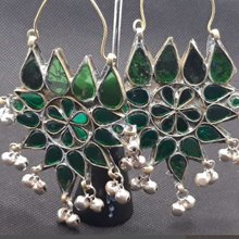 Load image into Gallery viewer, Green Glass Stones Floral Earrings With Silver Bells
