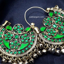 Load image into Gallery viewer, Green Glass Stones Boho Chandbali Earring
