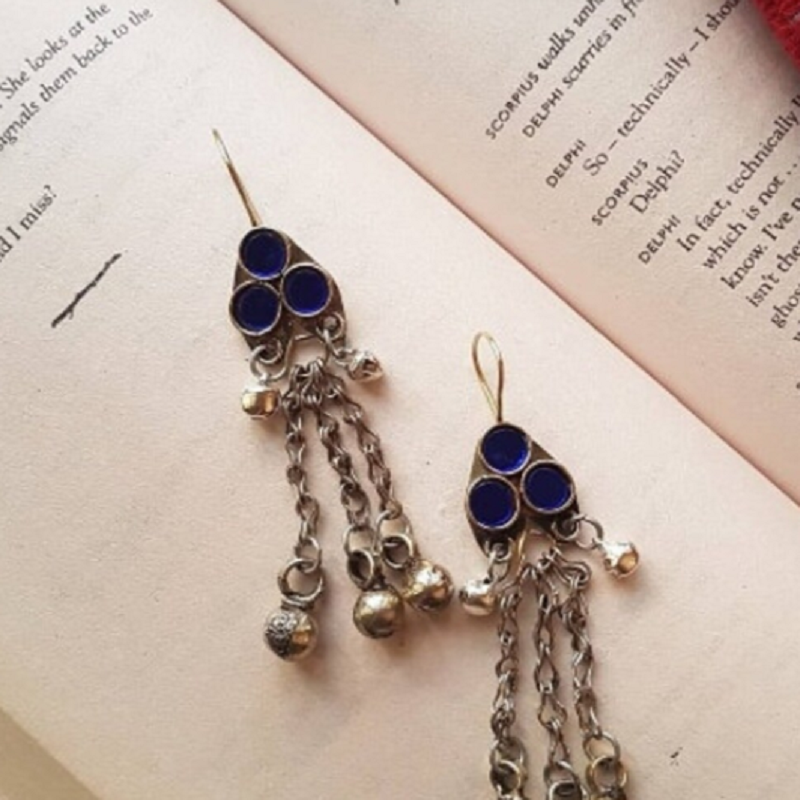 Afghan Glass Stone Earrings With Silver Bells