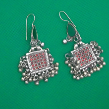 Load image into Gallery viewer, Green Stone Square Shaped Earrings With Small Bells
