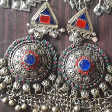 Load image into Gallery viewer, Vintage Tribal Oversized Red and Blue Glass Stones Earrings
