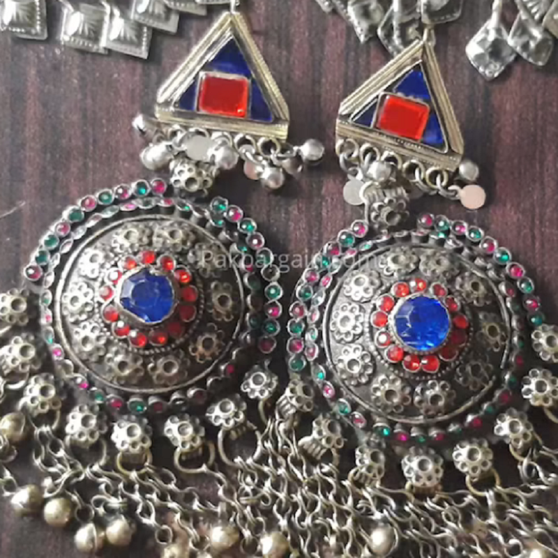 Vintage Tribal Oversized Red and Blue Glass Stones Earrings