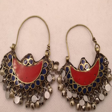 Load image into Gallery viewer, Red and Blue Statement Round Hoop Earrings with Bells
