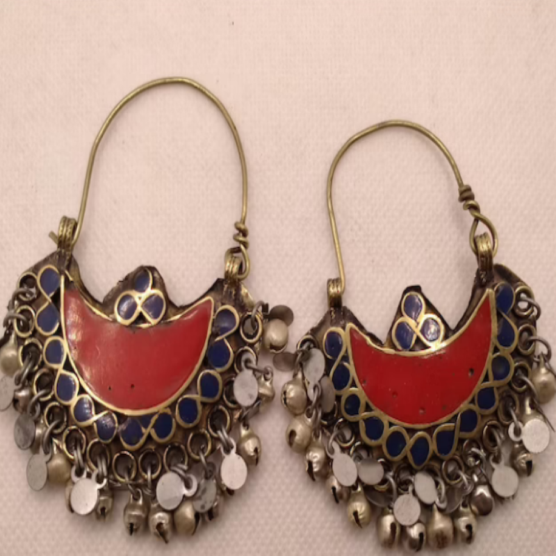 Red and Blue Statement Round Hoop Earrings with Bells