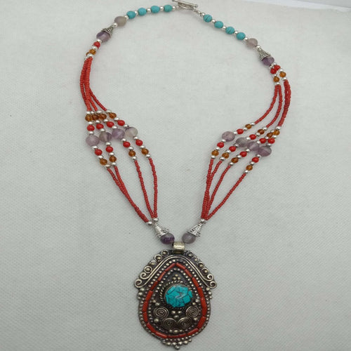 Multilayers Beaded Chain Pendant Necklace, Nepalese Tribal Stylish Necklace