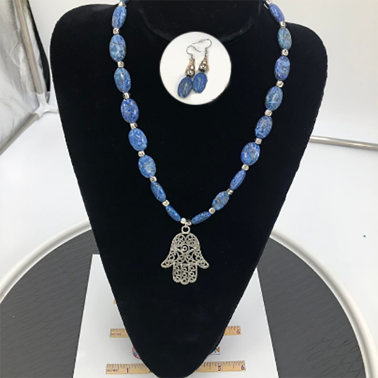 Blue Hand Design Pendant Necklace and Earrings Set
