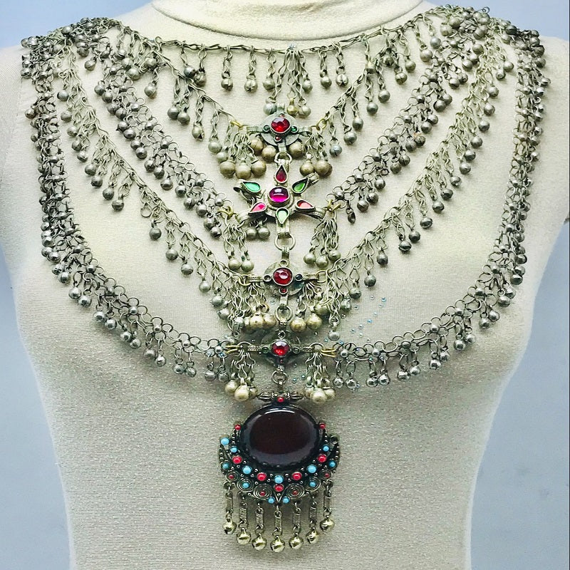 Massive Silver Kuchi Bib Necklace With Dangling Bells and Glass Stones
