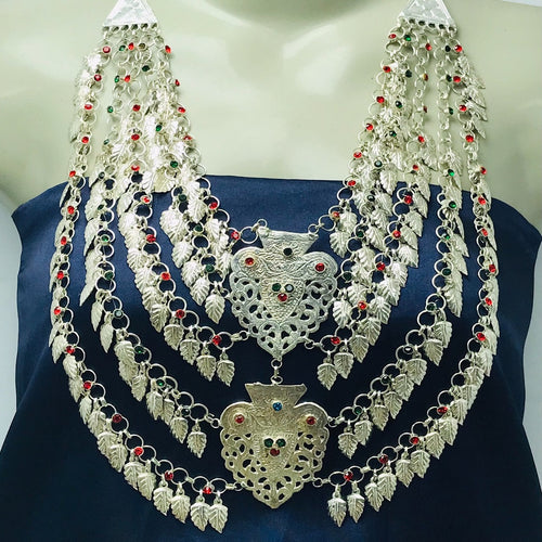 Afghan Tribal Multilayers Bib Necklace With Red and Green Jewels