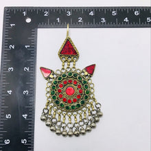 Load image into Gallery viewer, Red and Green Mang Tikka, Handmade Dangling Bells Tikka, Afghan Hair Jewelry, Hair Accessories, Jhomer, Gift For Her
