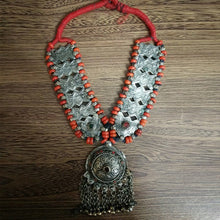 Load image into Gallery viewer, Afghan Silver Tone Big Pendant Necklace With Turquoise Bead

