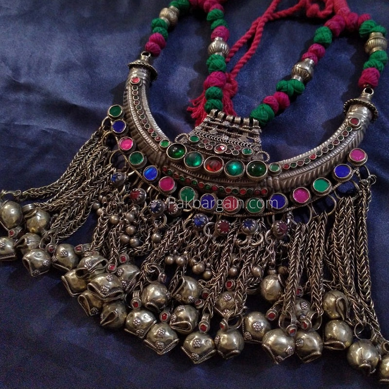 Tribal Torque Choker Necklace With Dangling Tassels and Glass Stones