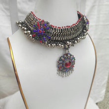 Load image into Gallery viewer, Ethnic Tribal Choker Necklace With Silver Kuchi Bells And Multicolor Glass Stones
