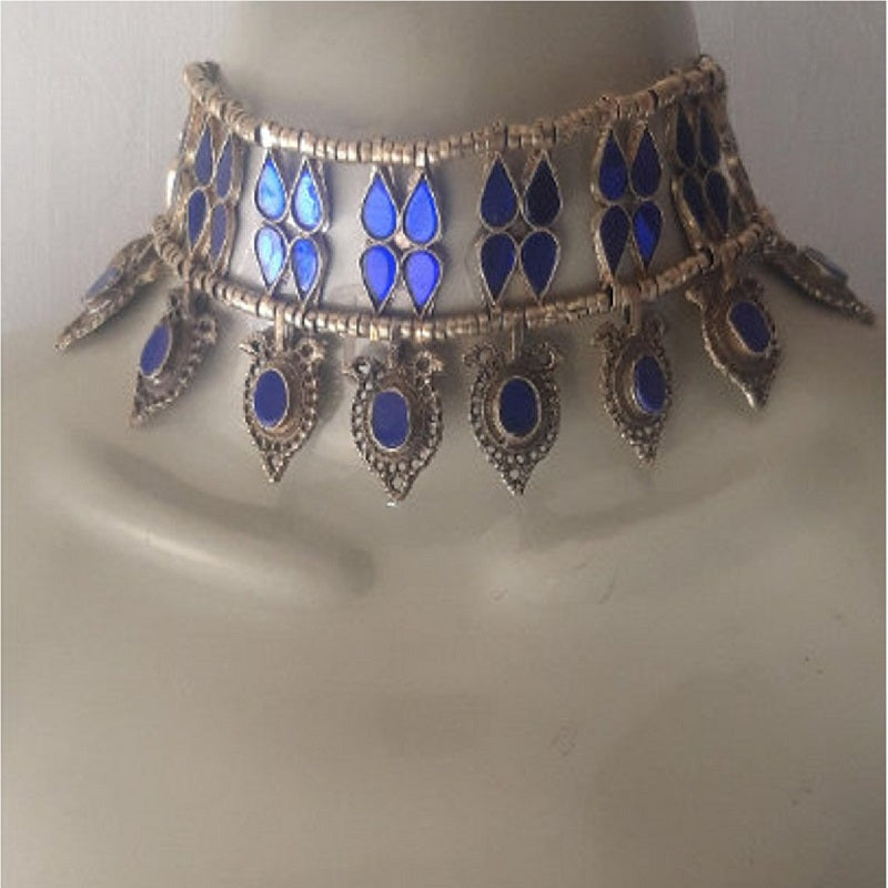 Red and Blue Glass Stones Collar Choker Necklace