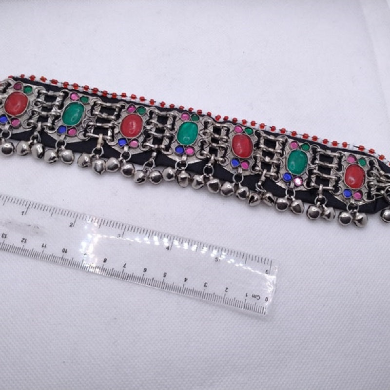 Anklets With Red and Green Glass Stones With Kuchi Bells