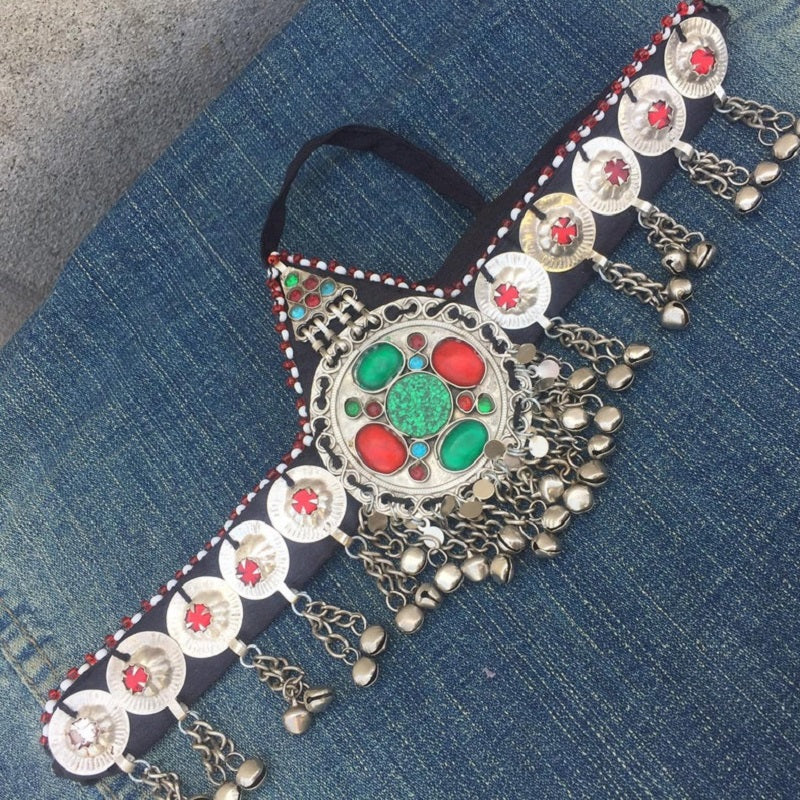 Handmade Matha Patti With Multicolor Glass Stone and Bells, VintageHeadpiece, Handmade Matha Patti With Multicolor Glass Stone Hairpiece  main image 4