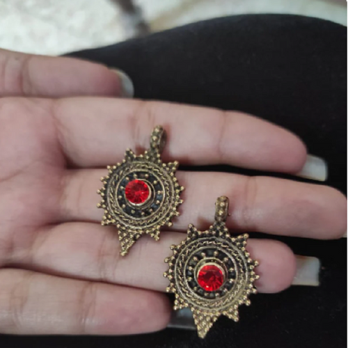 Tribal Stud Earrings With Red Glass Stone