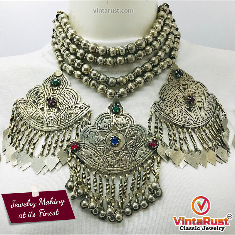 Vintage Layered Choker Necklace with Silver Metal Beads