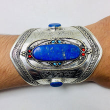 Load image into Gallery viewer, Blue Stone Cuff Bracelet With Turquoise and Coral Beads
