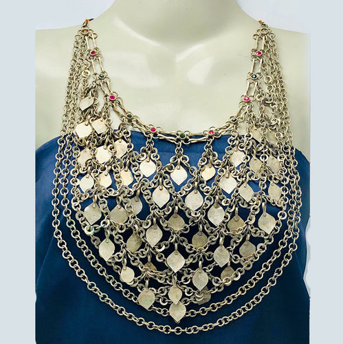 Silver Gypsy Kuchi Necklace With Multilayers Chain And Tassels