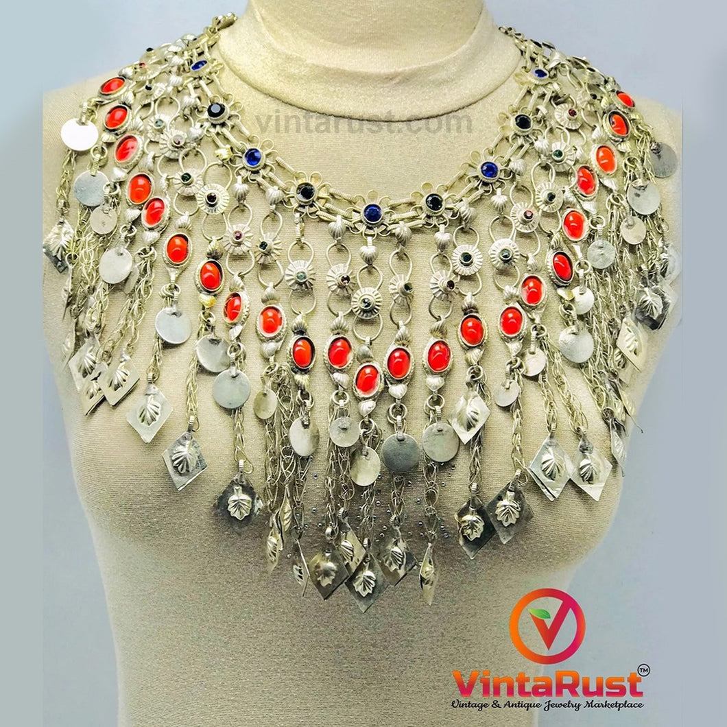 Vintage Kuchi Choker Necklace Vibrant Orange Stones and Elegant Tassels