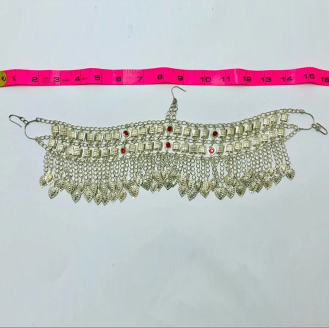 Afghan Silver Kuchi Headpiece With Red Glass Stones and Long Tassels Silver Kuchi Headpiece With Red Glass Stones and Long  main image 2