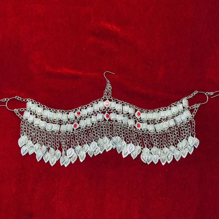 Silver Kuchi Headpiece With Red Glass Stones and Long 