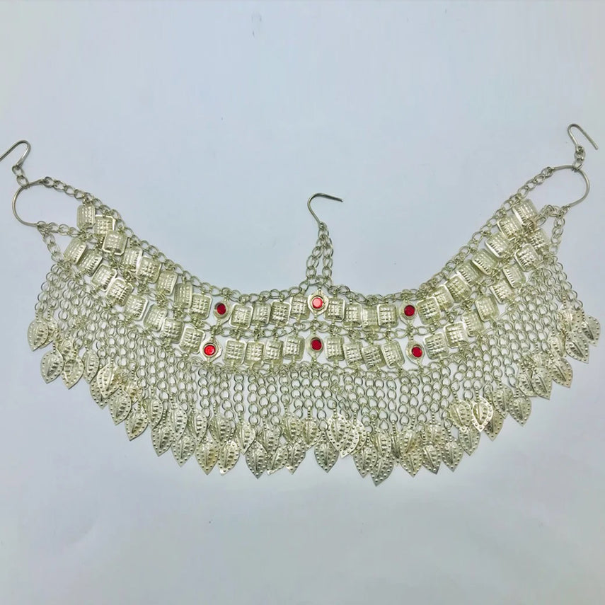 Silver Kuchi Headpiece With Red Glass Stones and Long  display picture 1