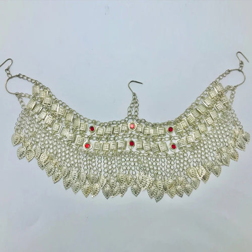 Silver Kuchi Headpiece With Red Glass Stones and Long Tassels