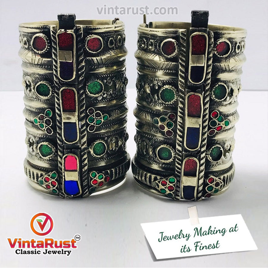 Antique Massive Vintage Cuff Bracelet With Multicolor Glass Stones