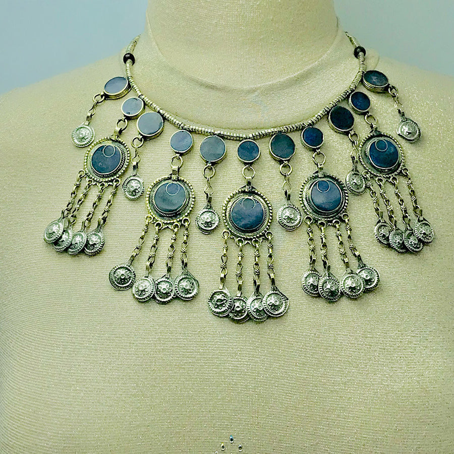 Antique Boho Tribal Choker Necklace With Dangling Silver Tassels