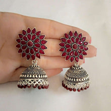 Load image into Gallery viewer, Antique Oxidized Jhumka Earrings With Glass Stones
