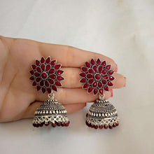 Load image into Gallery viewer, Antique Oxidized Jhumka Earrings With Glass Stones
