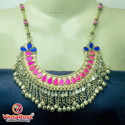 Beaded Chain Choker Necklace With Pink Glass Stones